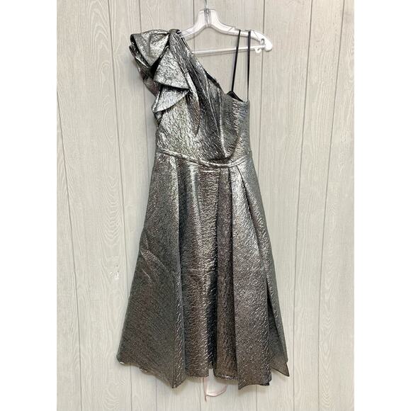 Mac Duggal Silver One Shoulder Bow Midi Dress 67906 Size 8 NWT - Picture 3 of 9
